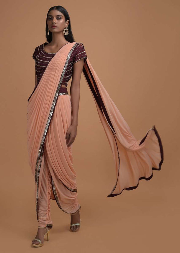 Melon Peach Ready Pleated Dhoti Saree With Maroon Mirror Embellished Blouse Online - Kalki Fashion