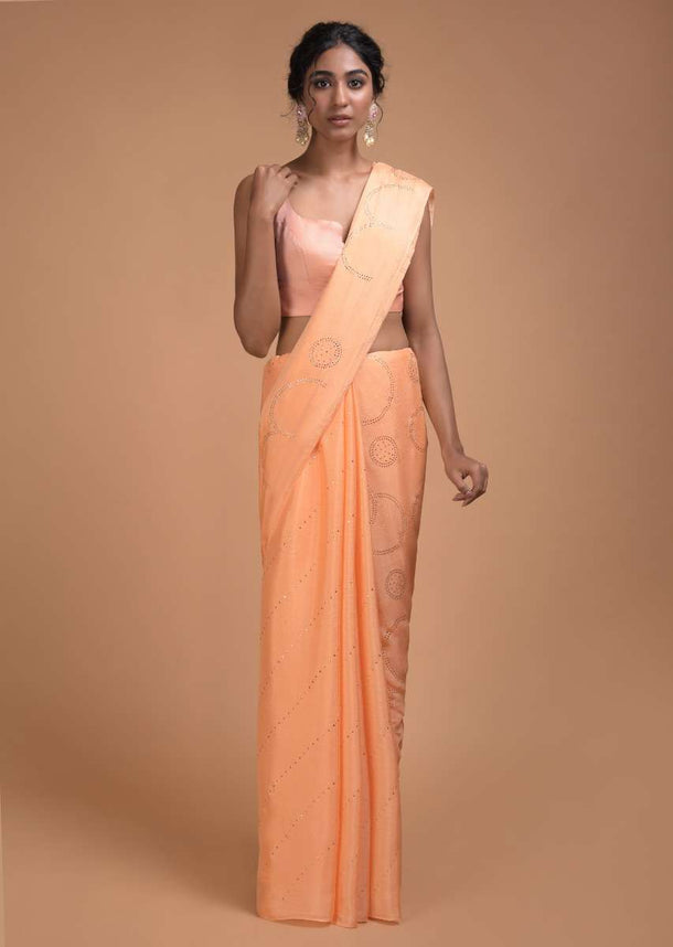 Melon Peach Saree In Chiffon With Badla Work In Diagonal Stripes And Round Motifs Online - Kalki Fashion