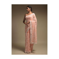 Melon Peach Saree In Georgette Adorned With Lucknowi Thread Embroidery In Floral Jaal Pattern Online - Kalki Fashion