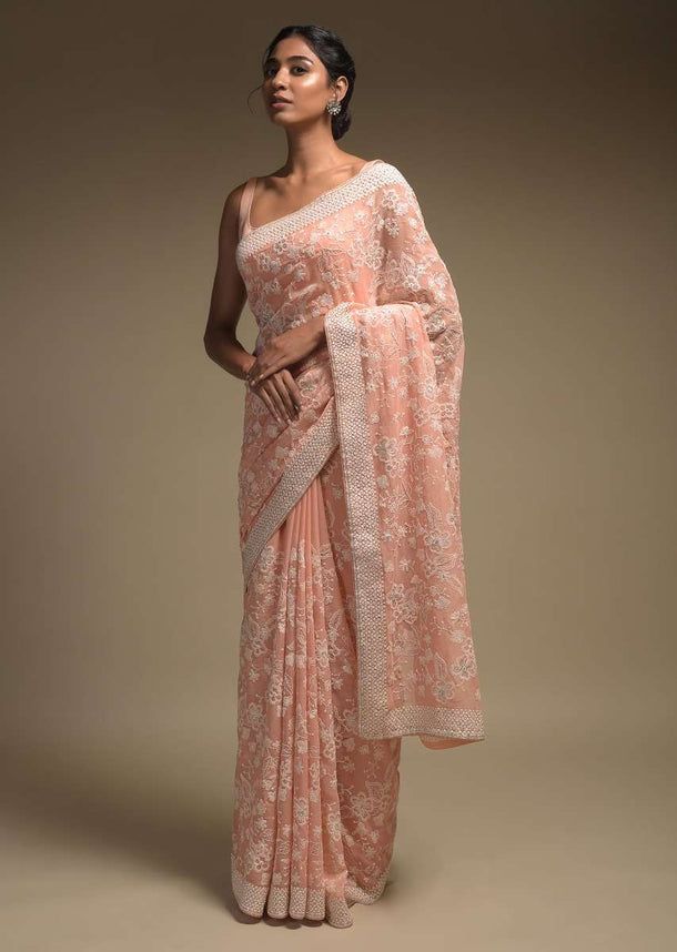 Melon Peach Saree In Georgette Adorned With Lucknowi Thread Embroidery In Floral Jaal Pattern Online - Kalki Fashion