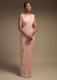 Melon Peach Saree In Georgette Adorned With Lucknowi Thread Embroidery In Floral Jaal Pattern Online - Kalki Fashion