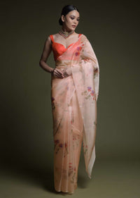 Melon Peach Saree In Organza With Printed Flowers And Unstitched Blouse Online - Kalki Fashion