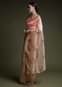 Melon Peach Saree In Organza With Printed Flowers And Unstitched Blouse Online - Kalki Fashion