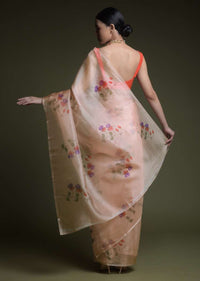 Melon Peach Saree In Organza With Printed Flowers And Unstitched Blouse Online - Kalki Fashion