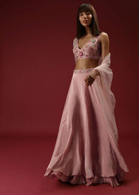 Melon Peach Skirt And Crop Top With Deep V Neckline And Adorned In 3D Flowers And Multicolored Hand Embroidery