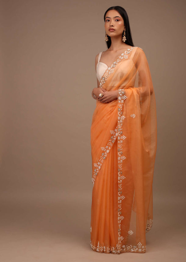 Melon Orange Saree In Organza With Hand Embroidered Moti And Sequin Work On The Border And Butti Design