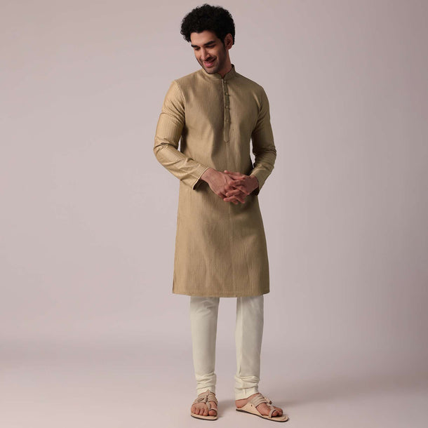 Men Festive Brown Silk Kurta Set With Pintuck Detailing