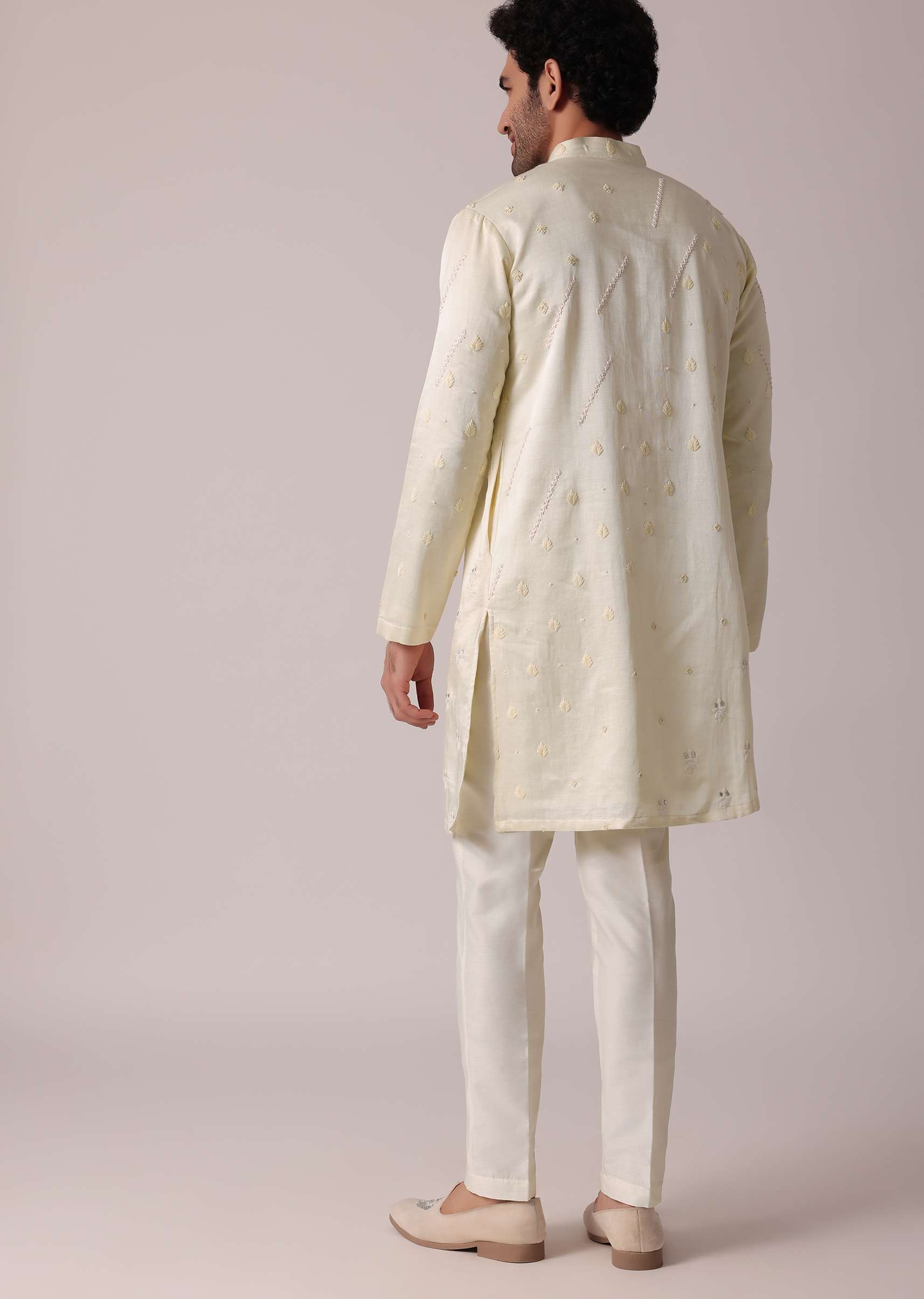 Men White Silk Kurta Set With Intricate Handwork