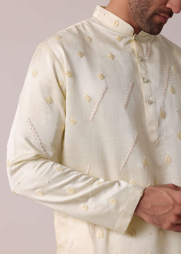 Men White Silk Kurta Set With Intricate Handwork