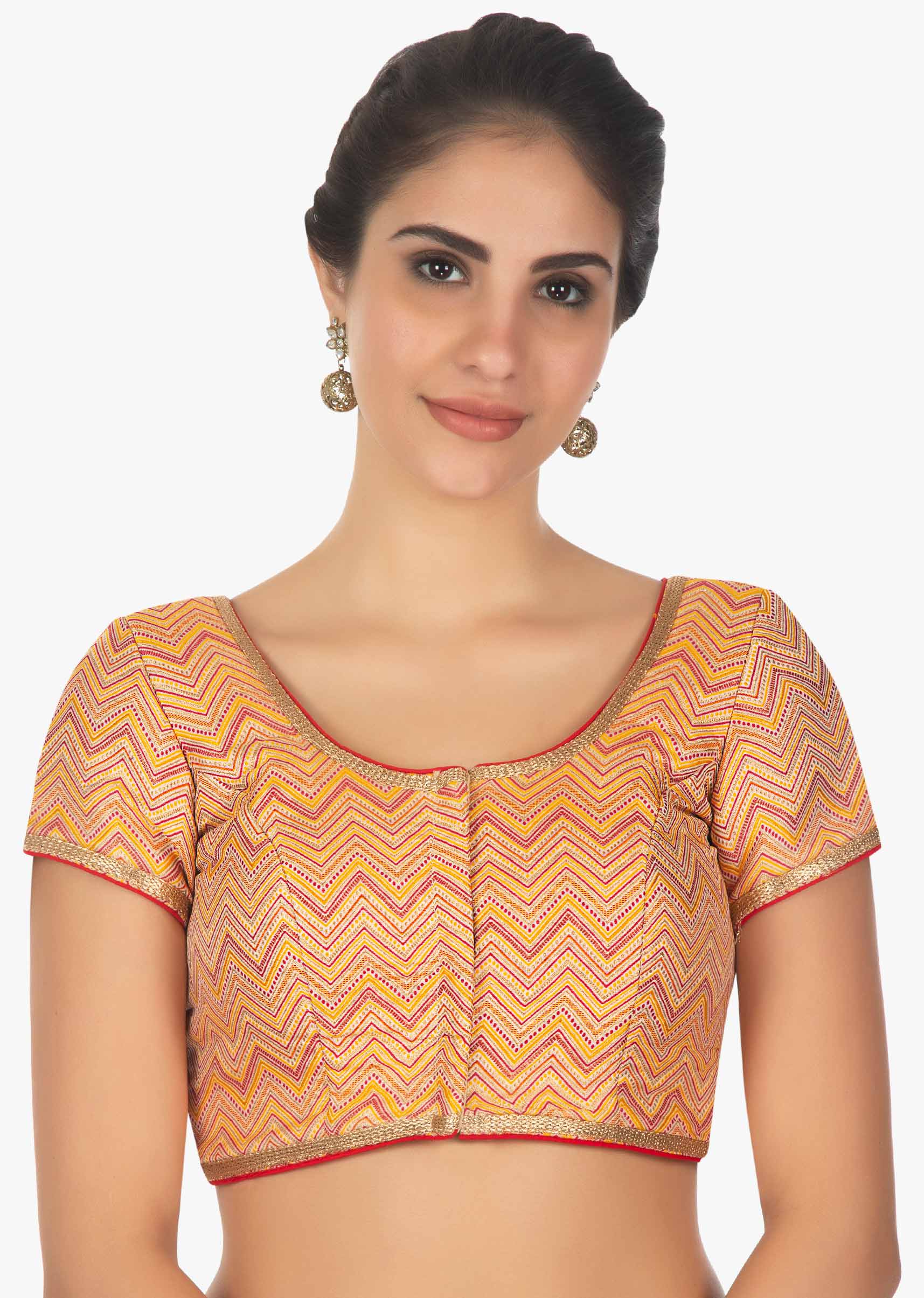 Merigold orange brocade blouse with Contrasting multi color zig zag lines
