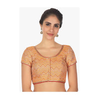 Merigold orange brocade blouse with Contrasting multi color zig zag lines only on Kalki