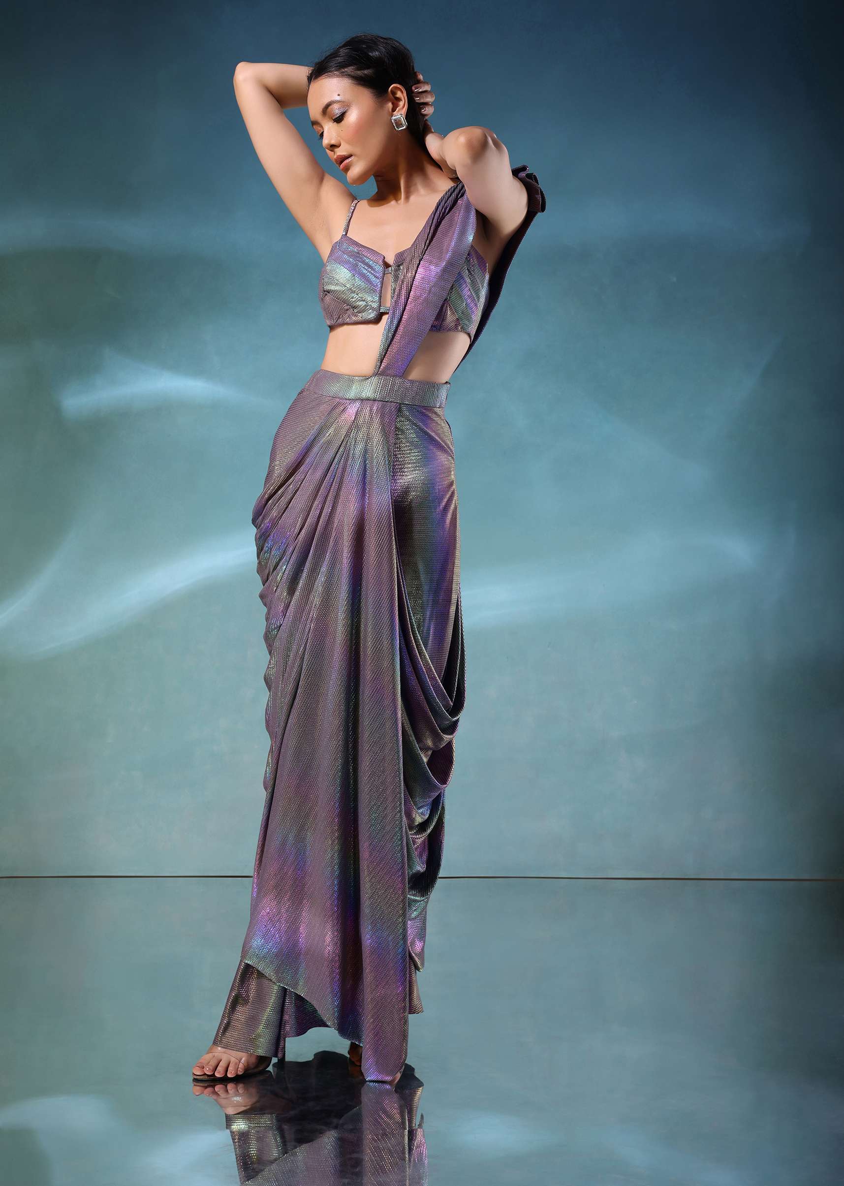 Mermaid Metallic Ready To Wear Saree And Blouse In Knit
