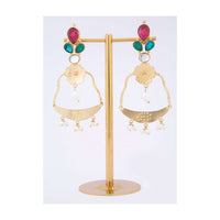 Metal coated fancy party wear earring adorn with ruby, emerald and turquoise semi precious stone only on Kalki