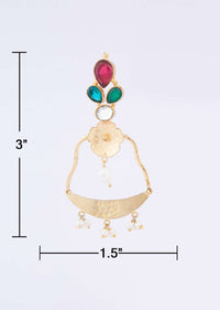 Metal coated fancy party wear earring adorn with ruby, emerald and turquoise semi precious stone only on Kalki