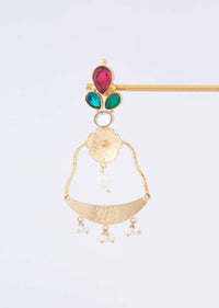 Metal coated fancy party wear earring adorn with ruby, emerald and turquoise semi precious stone only on Kalki