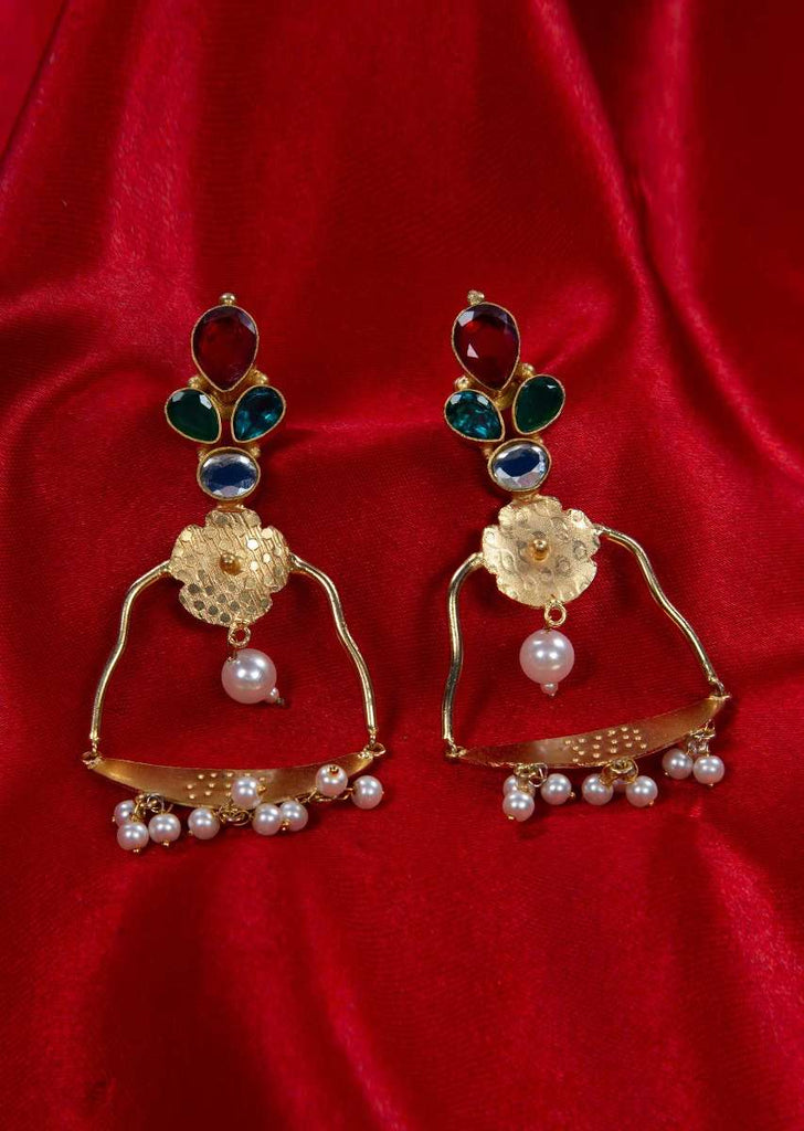 Metal coated fancy party wear earring adorn with ruby, emerald and turquoise semi precious stone only on Kalki