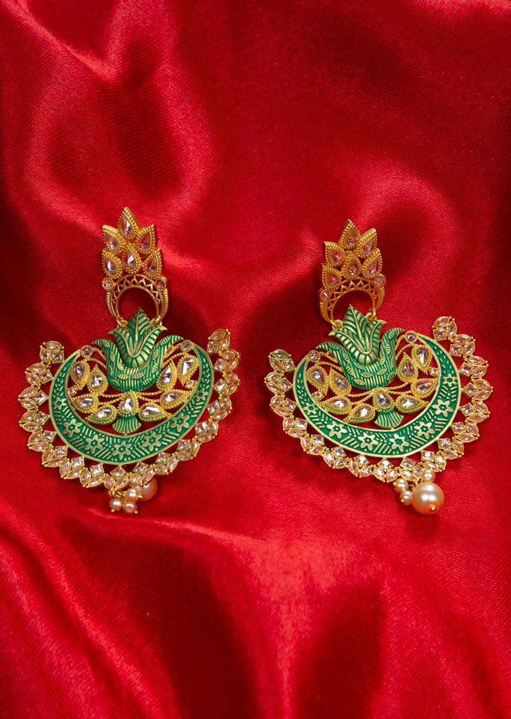 Metal Coated Green Chandbali Earring Adorn With Crystal Beads Online - Kalki Fashion