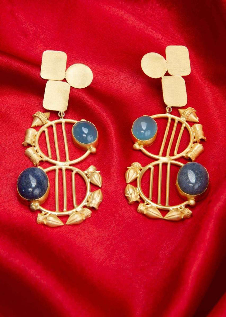 Metal Coated Voguish Earrings With Blue Semi Precious Stone Online - Kalki Fashion