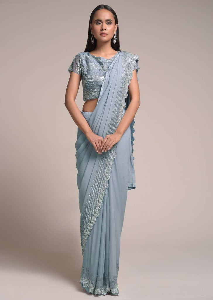 Metal Grey Saree In Georgette Embellished With Glittering Stones And Cut Dana Work On The Border Online - Kalki Fashion