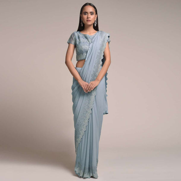 Metal Grey Saree In Georgette Embellished With Glittering Stones And Cut Dana Work On The Border Online - Kalki Fashion