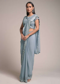 Metal Grey Saree In Georgette Embellished With Glittering Stones And Cut Dana Work On The Border Online - Kalki Fashion