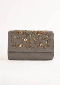 Metal Grey Clutch In Suede With Zardosi Embroidered Floral Motifs Online - Kalki Fashion