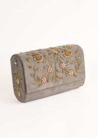 Metal Grey Clutch In Suede With Zardosi Embroidered Floral Motifs Online - Kalki Fashion