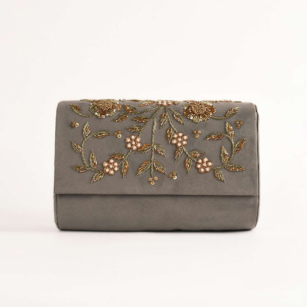 Metal Grey Clutch In Suede With Zardosi Embroidered Floral Motifs Online - Kalki Fashion
