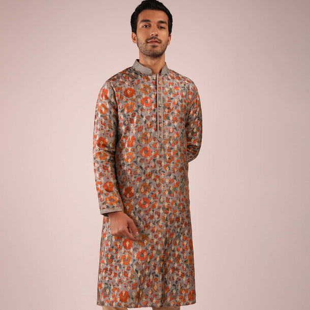 Metal Grey Kurta Set In Brocade Silk With Multi Colored Printed Floral Jaal