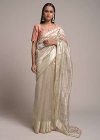 Metallic Beige Saree In Organza With Embroidered Floral Buttis Online - Kalki Fashion