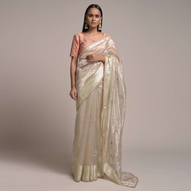 Metallic Beige Saree In Organza With Embroidered Floral Buttis Online - Kalki Fashion