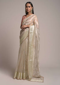 Metallic Beige Saree In Organza With Embroidered Floral Buttis Online - Kalki Fashion