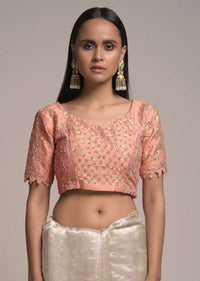 Metallic Beige Saree In Organza With Embroidered Floral Buttis Online - Kalki Fashion