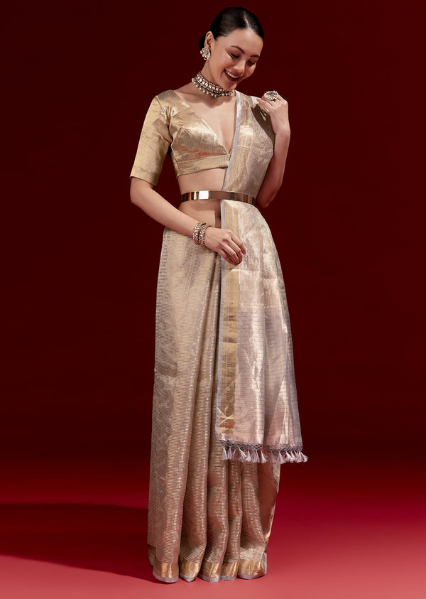 Metallic Gold Grey Banarasi Tissue Saree With Micro Geometric Weave And Grey Shaded Pallu