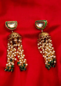 Metallic nano jhumkas with moti chain string dangler