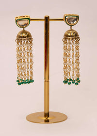 Metallic nano jhumkas with moti chain string dangler