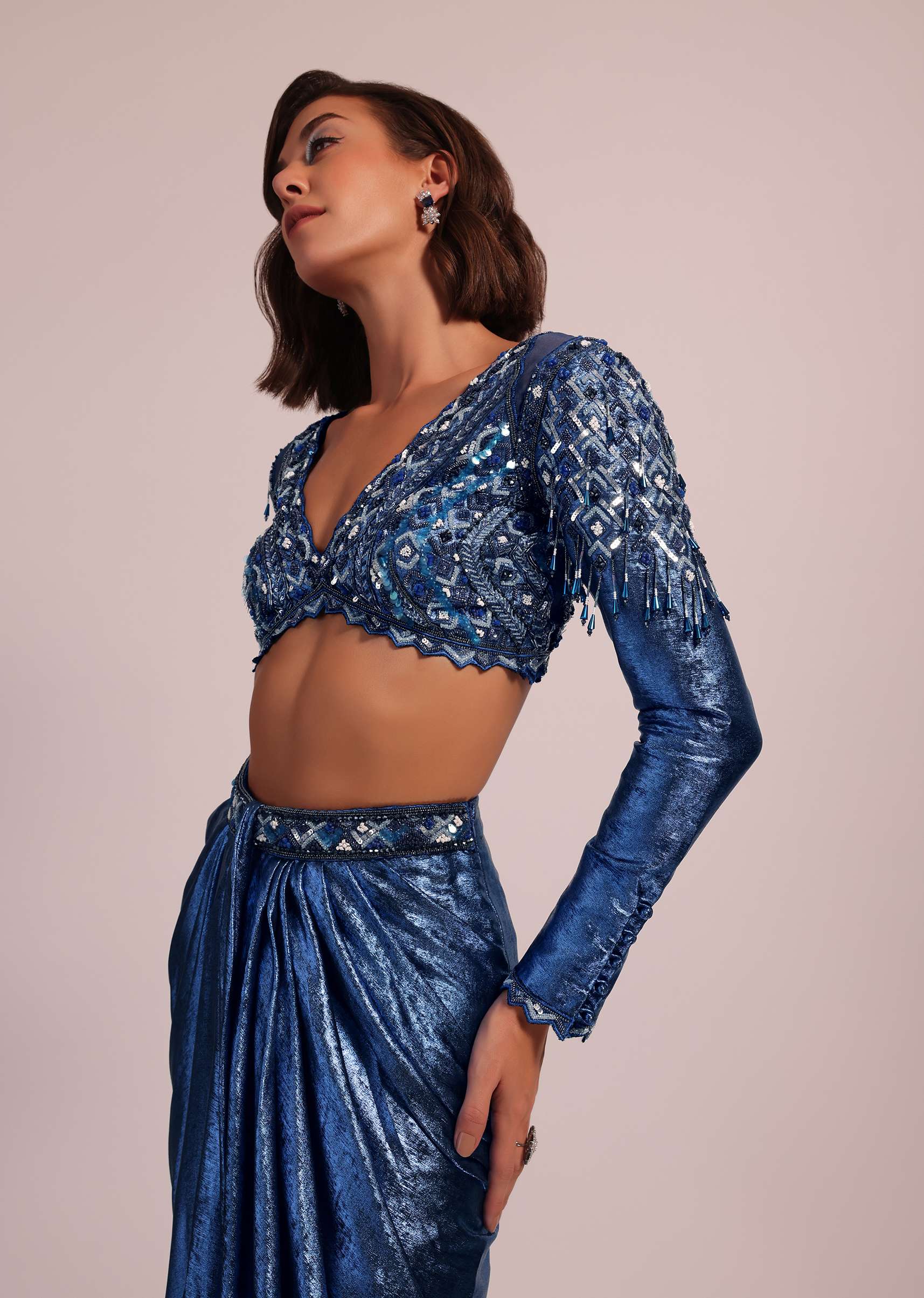 Metallic Blue Draped Skirt And Blouse With Heavy Embroidery