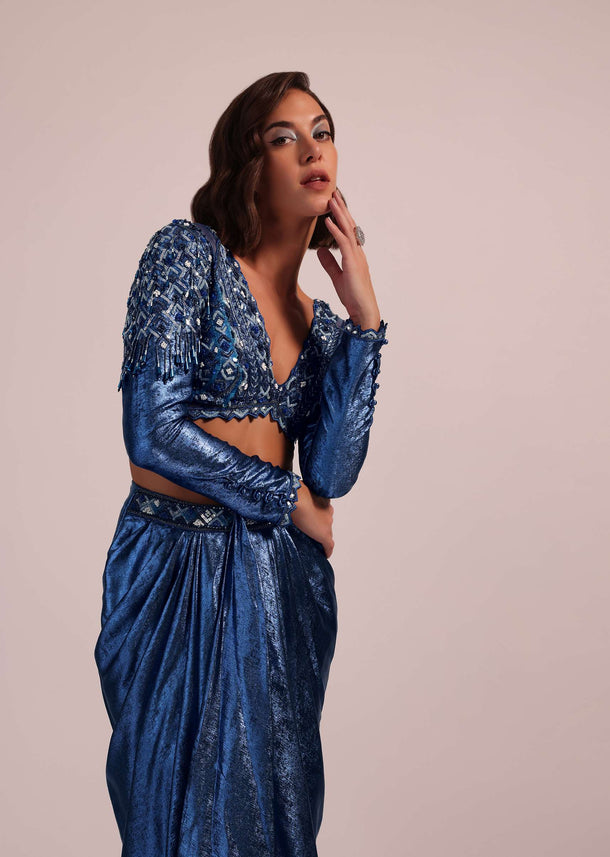 Metallic Blue Draped Skirt And Blouse With Heavy Embroidery