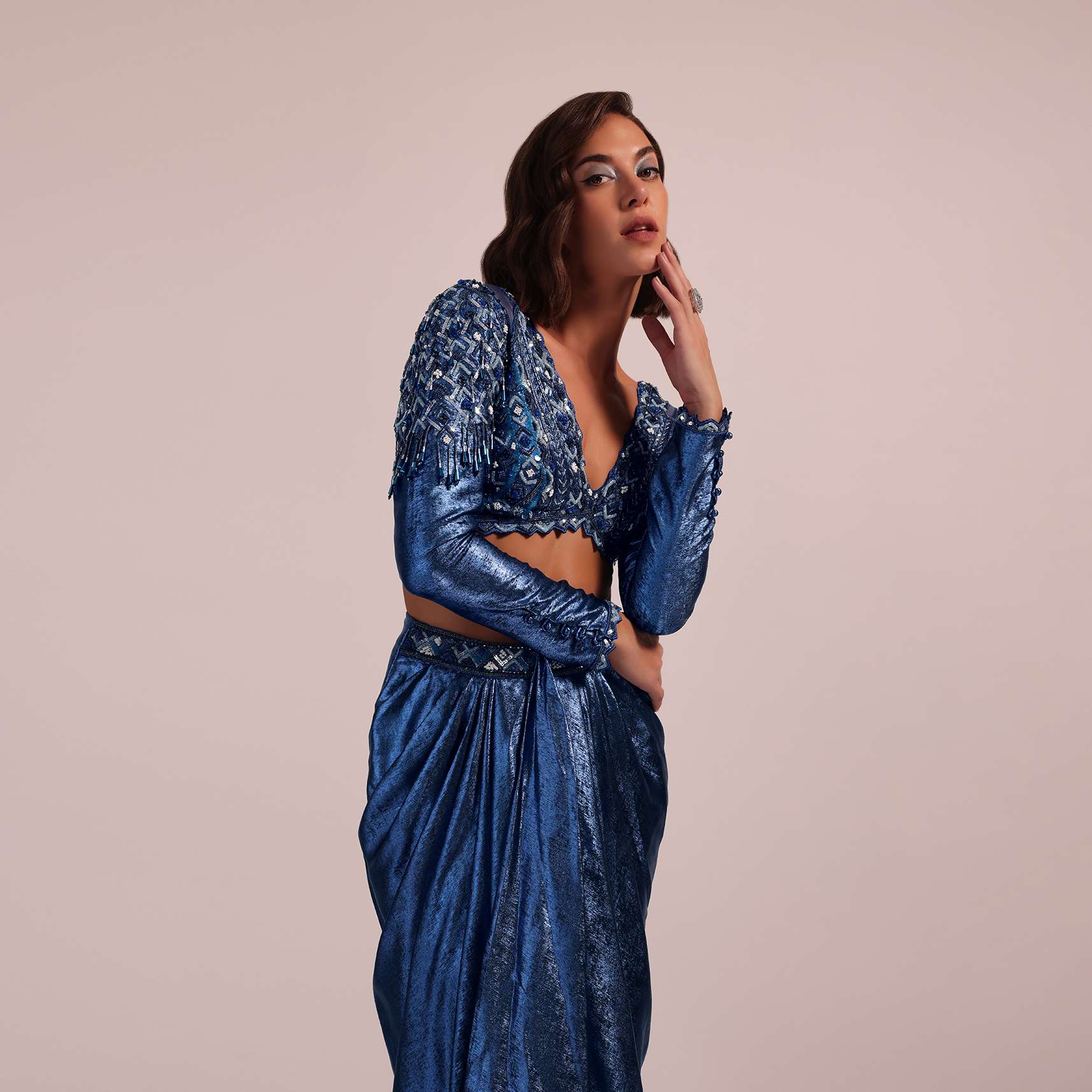 Metallic Blue Draped Skirt And Blouse With Heavy Embroidery