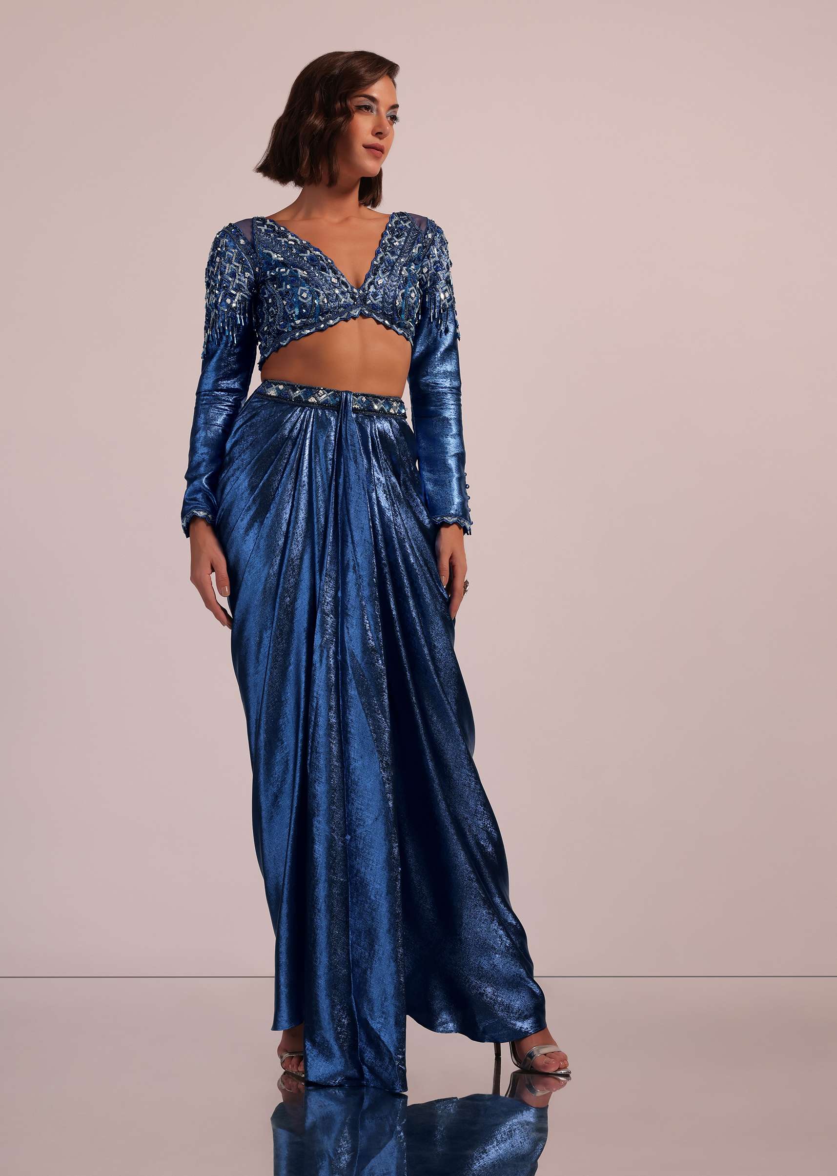 Metallic Blue Draped Skirt And Blouse With Heavy Embroidery