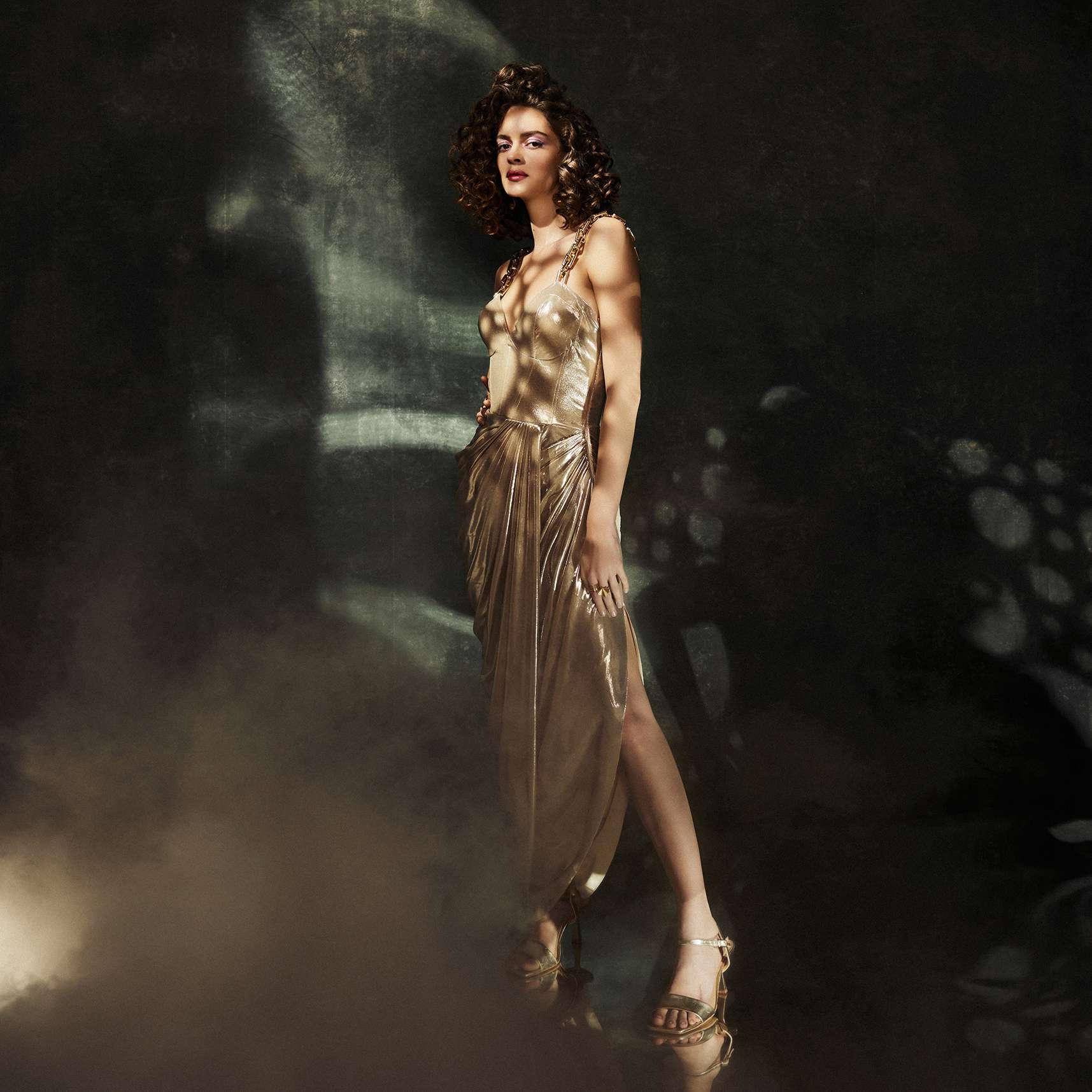 Metallic Champagne Gold Dress In Lycra - DEME X KALKI