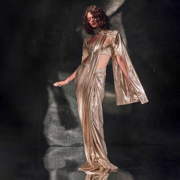 Metallic Gold Pre-Pleated Saree In Lycra With An Embroidered Blouse - DEME X KALKI