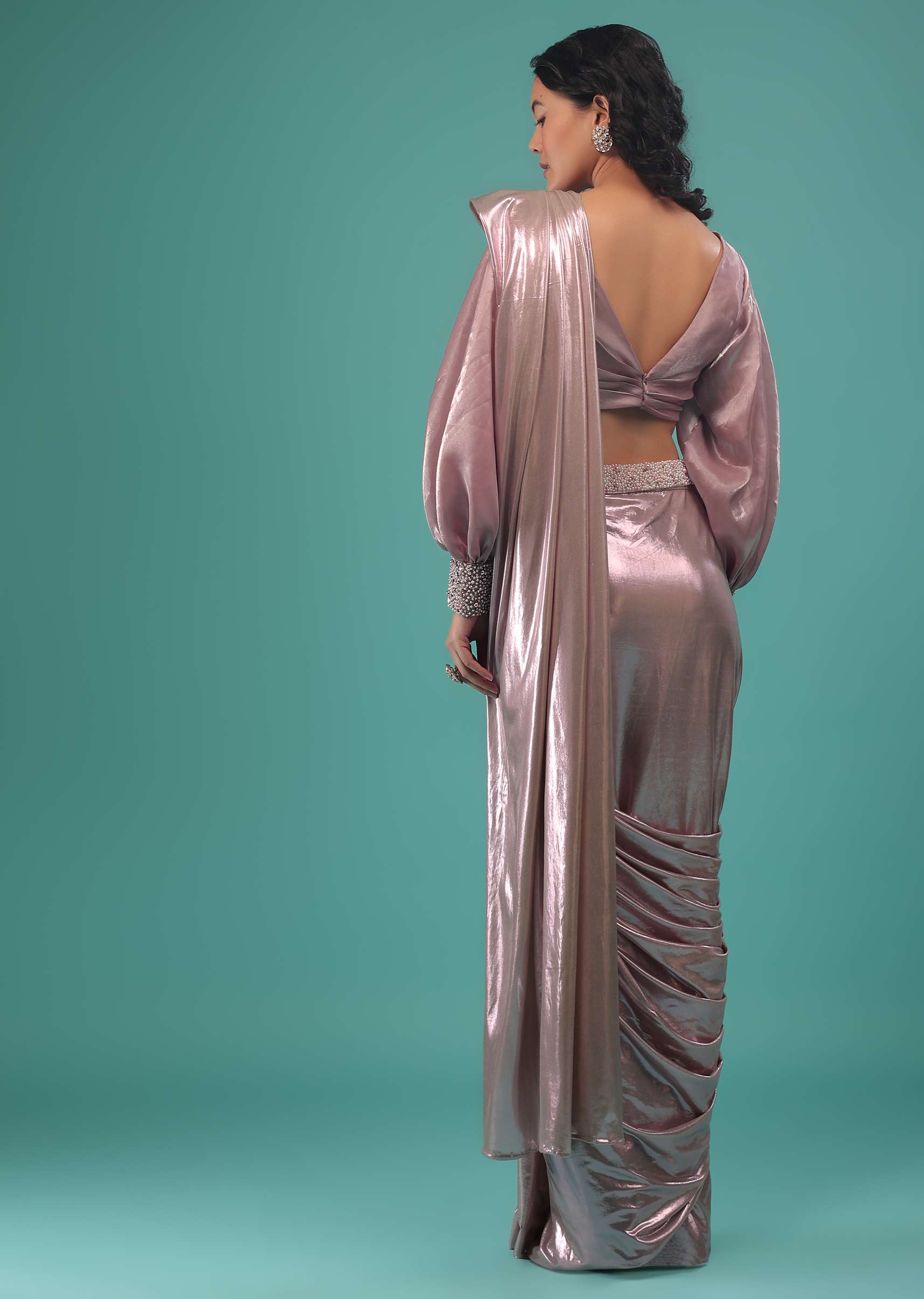 Metallic Mauve Shadow Purple Pre-Pleated Saree In Lycra