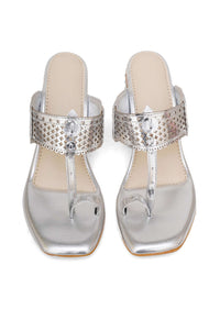 Metallic Silver Nazakat Heels In Faux Leather