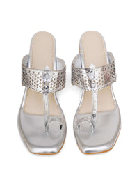 Metallic Silver Nazakat Heels In Faux Leather