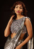 Metallic Silver Pre-Pleated Saree In Satin With An Embroidered Halter Blouse - DEME X KALKI