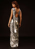 Metallic Silver Pre-Pleated Saree In Satin With An Embroidered Halter Blouse - DEME X KALKI