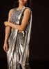 Metallic Silver Pre-Pleated Saree In Satin With An Embroidered Halter Blouse - DEME X KALKI