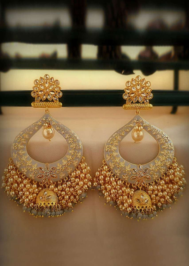 Micro Gold Plated Chandbalis With Grey Enamel Work, Dangling Jhumka And Pearls Online - Kalki Fashion