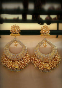 Micro Gold Plated Chandbalis With Grey Enamel Work, Dangling Jhumka And Pearls Online - Kalki Fashion